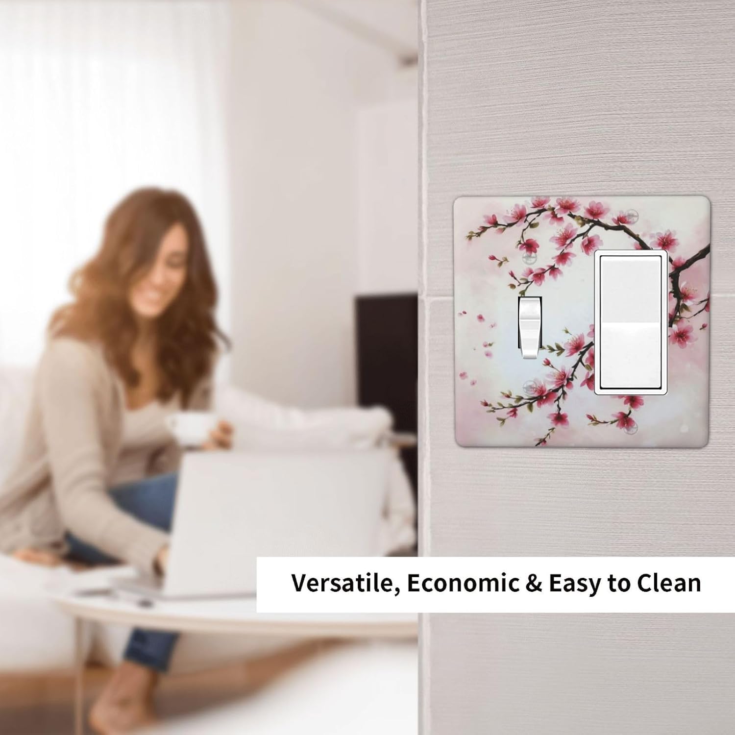 Branch with Pink Flowers Light Switch Covers 2 Gang Single Toggle Rocker Combination Wall Plate Cover Electrical Faceplate Decorative Switchplate for Farmhouse Living Decor