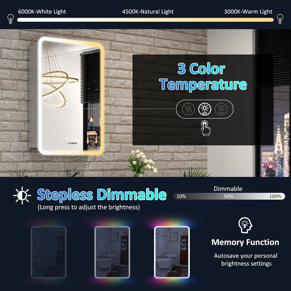 24×32 Inch LED Lighted Medicine Cabinet, Bathroom Medicine Cabinet with Mirror and Lights, RGB Multicolor Backlit, Adjustable Front Lighted, Defogger, Dimming, Memory Function, Wall Mounted