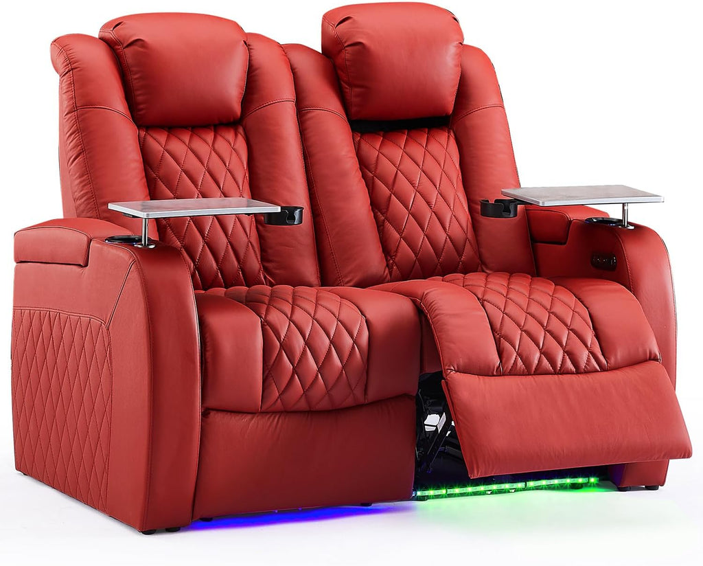 Weilianda Home Theater Seating Top Grain Leather Zero Gravity Recliner Chair Power Headrest Recline Movie Seat Gaming 7 Colors Mood Light Sofa with Tray Table USB Charge Row of 2 Loveseat Red
