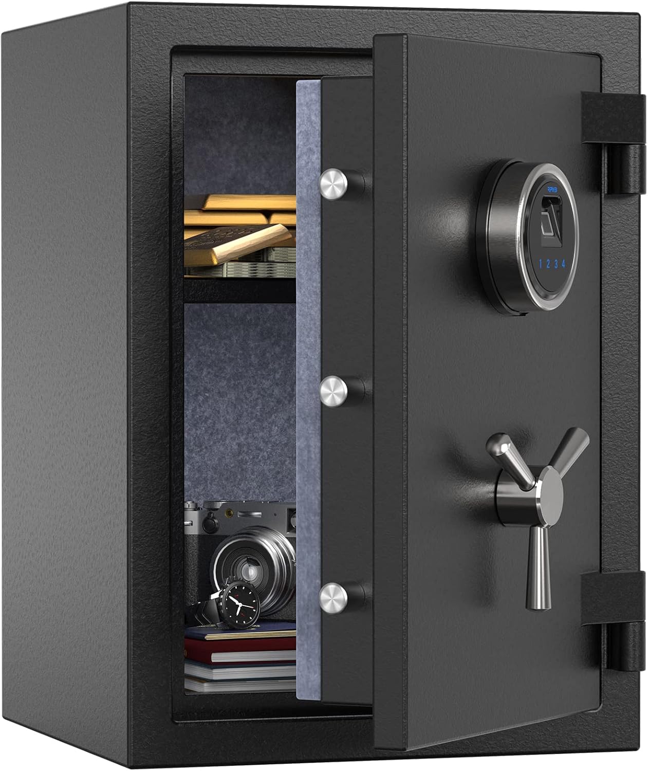 RPNB Deluxe Biometric Fireproof Safe Box,Digital Fingerprint Fireproof Waterproof Safe with Touch Screen,Removable Shelf and 3 Spoke Handle,Home Safes for Cash Documents Jewelry,1.29 Cubic Feet