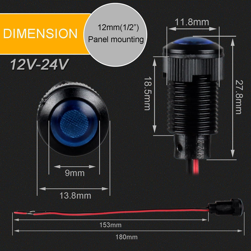 5pcs 12mm 12V-24V LED Indicator Light Plastic Black Signal Dot Lamp 1/2 inches Mounting Hole Size with 15cm/5.9in. Wire (Blue LED)