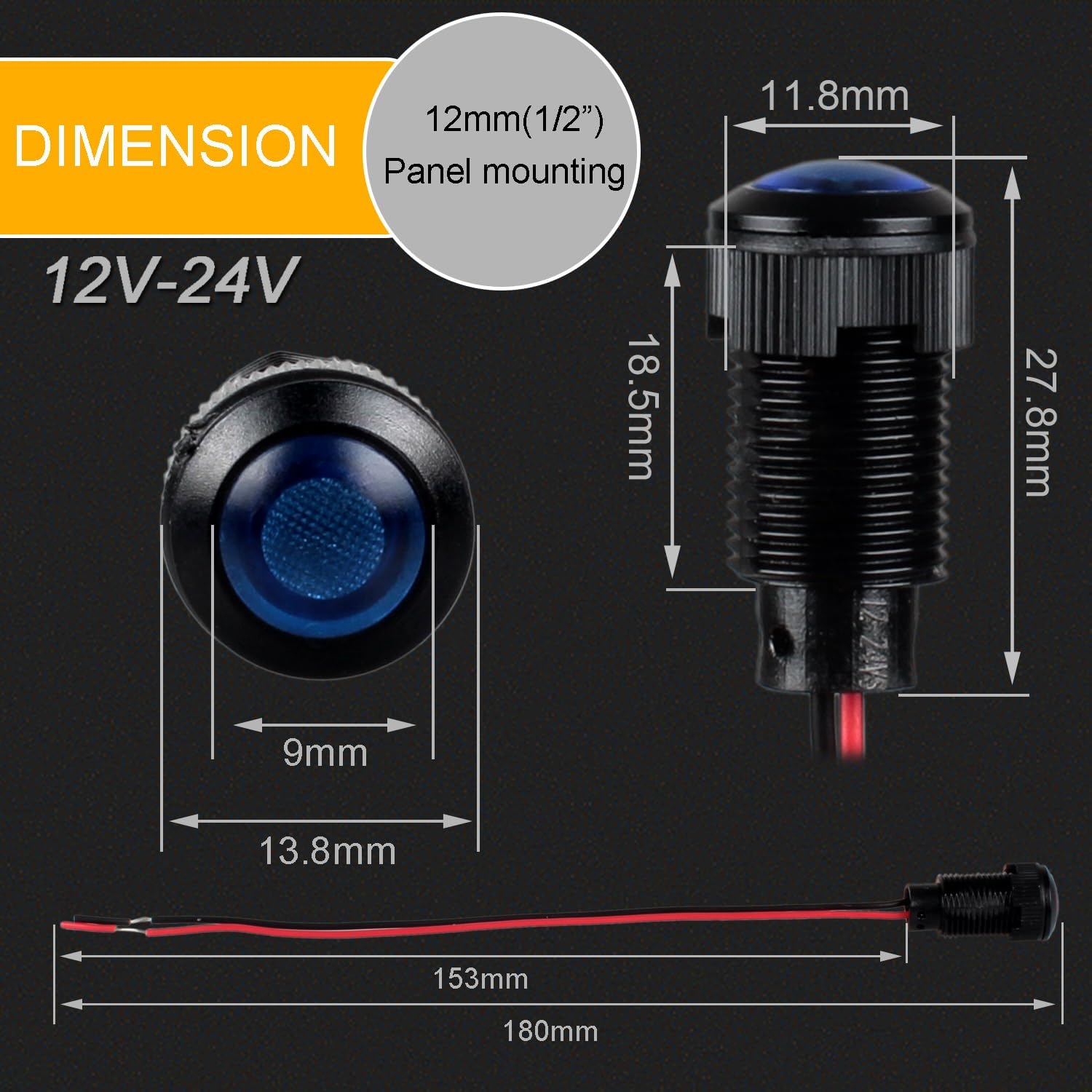 5pcs 12mm 12V-24V LED Indicator Light Plastic Black Signal Dot Lamp 1/2 inches Mounting Hole Size with 15cm/5.9in. Wire (Blue LED)