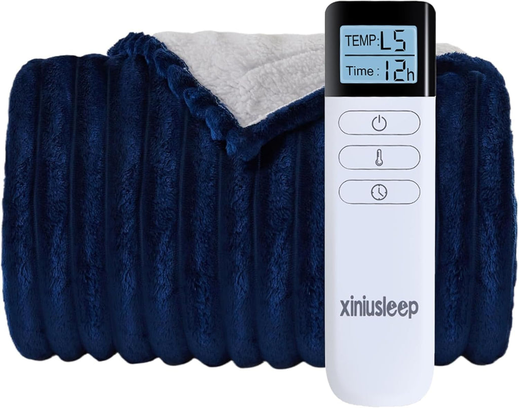 Heated Blanket Electric Blanket 50"x60", Soft Flannel Sherpa Electric Throw with 5 Heating Level & 12 Times Setting, Heated Throw with Overheating Protection, Machine Washable (Navy Blue)