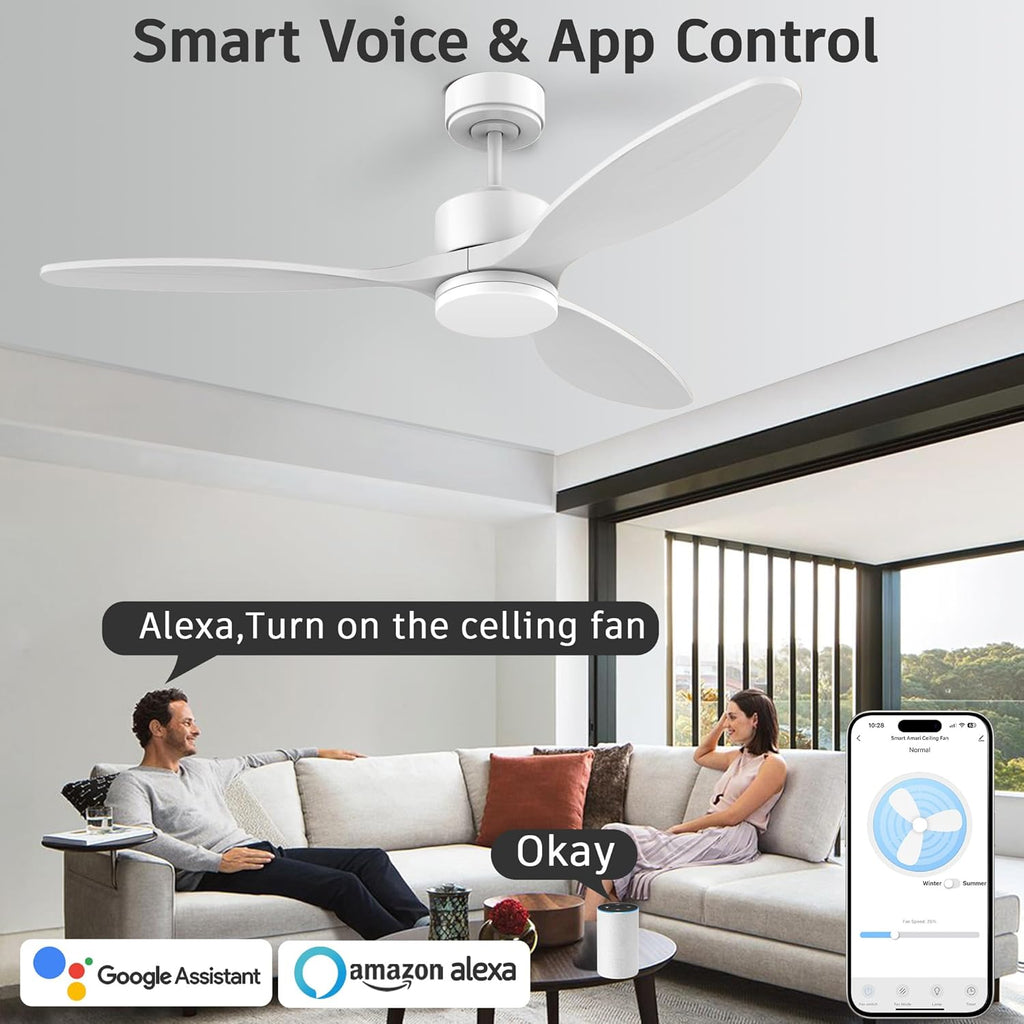 cumilo 52" Smart Wood Ceiling Fans with light and Remote,Dimmable LED Light,Quiet DC Motor,Control with Alexa Google Voice App,Outdoor Indoor Modern Ceiling Fan for Bedroom Patio,White