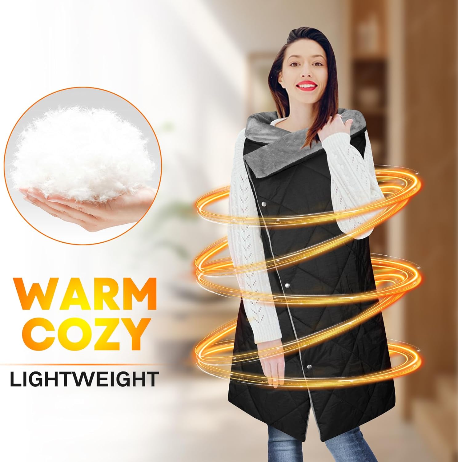 Battery Operated Heated Blanket, Fast Heating Wearable Wireless Heated Shawl Throw, Water-Resistant Cordless Electric Blanket with Power Bank for Camping, Outdoor, Stadium, Winter Warm Gift(Black)