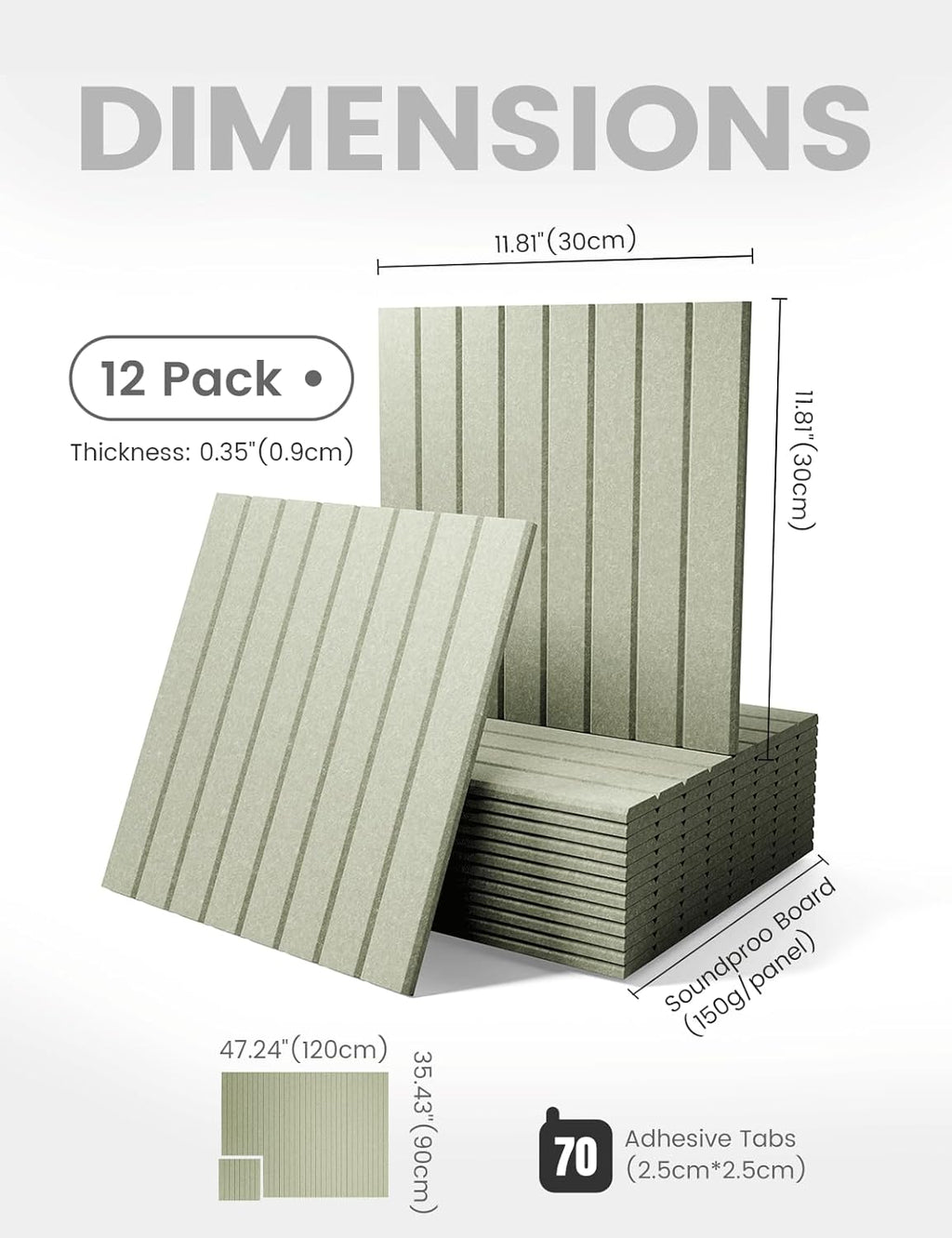 Large Felt Bulletin Board 48" x 36" Cork Board Alternative-12 Pack with 70 Safe Removable Adhesive Tabs, Cork Boards for Walls Cork Board for Home Office Classroom Pin Board (Sage)