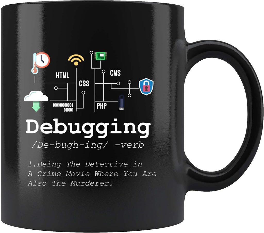 Panvola Debugging Definition Mug Funny Gift Computer Programmer Programming Coding Code IT Tech Support Coffee Ceramic Cup 11 oz (Black)