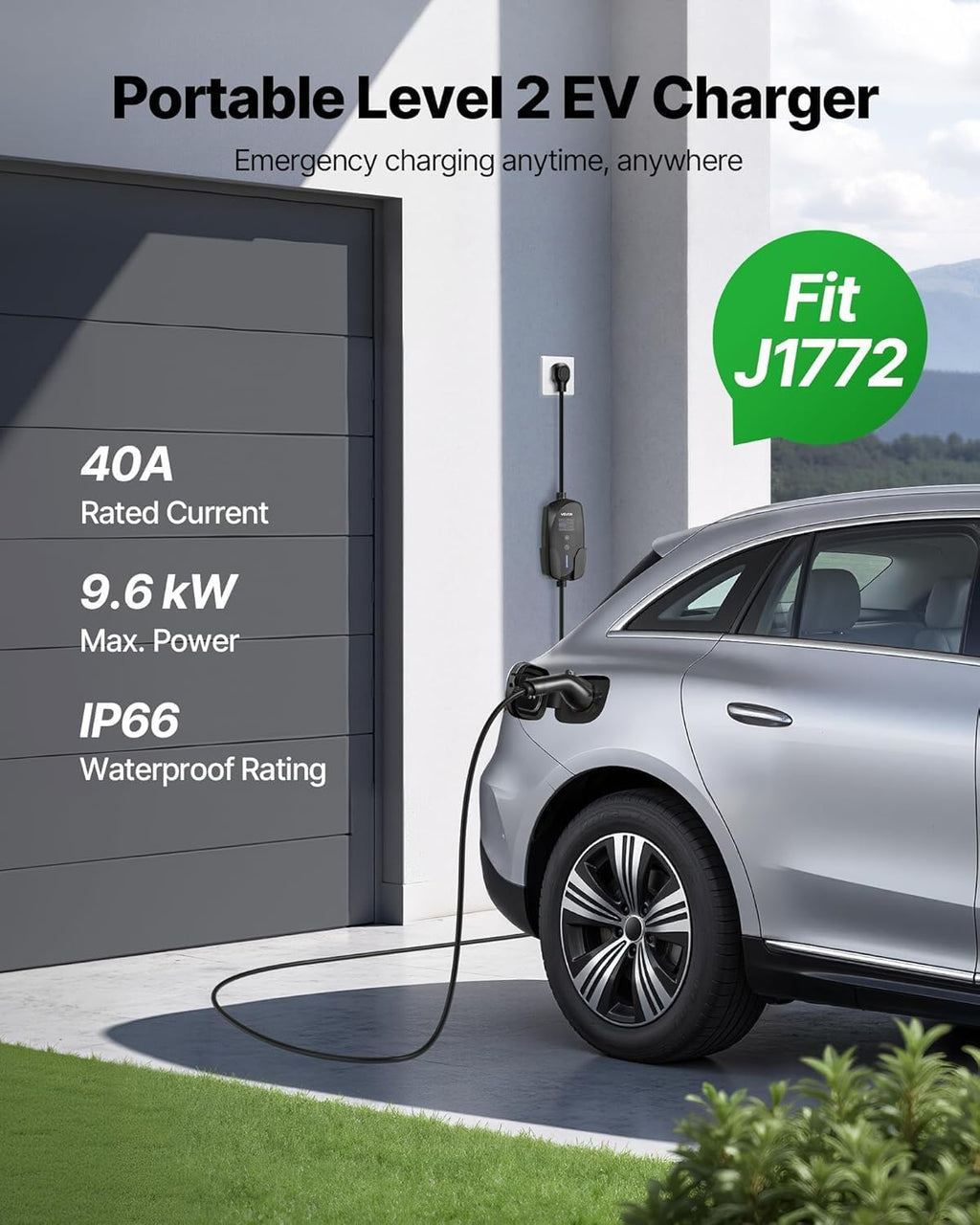 VEVOR Level 2 EV Charger, 40 Amp Adjustable Current, 240V Electric Vehicle Portable Charger with 25 ft Charging Cable, LCD Display, NEMA 14-50P Plug, Plug-in Home Car Charging Station for SAE J1772 EV