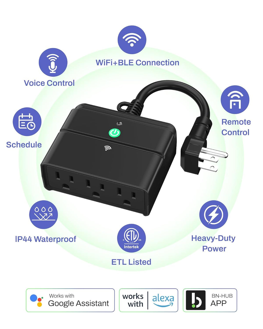 BN-LINK Smart Wi-Fi Outdoor Smart Plug, Heavy Duty Wi-Fi & Bluetooth Smart Plug with 3 Outlets, Alexa Smart Plugs for Alexa Devices & Google Assistant, Weatherproof IP44, No Hub Required, ETL Listed