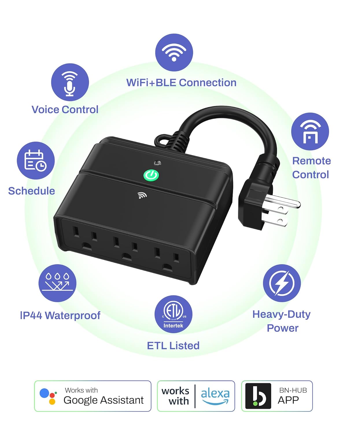 BN-LINK Smart Wi-Fi Outdoor Smart Plug, Heavy Duty Wi-Fi & Bluetooth Smart Plug with 3 Outlets, Alexa Smart Plugs for Alexa Devices & Google Assistant, Weatherproof IP44, No Hub Required, ETL Listed