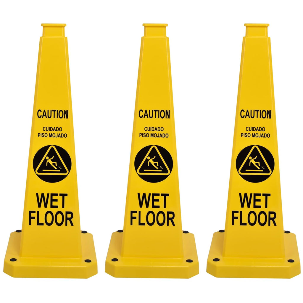 OrangeStar 3-Pack 28" Wet Floor Caution Cones, Yellow 4-Sided Bilingual Warning Message Safety Traffic Cones with Heavy Rubber Base for Indoor/Outdoor Use
