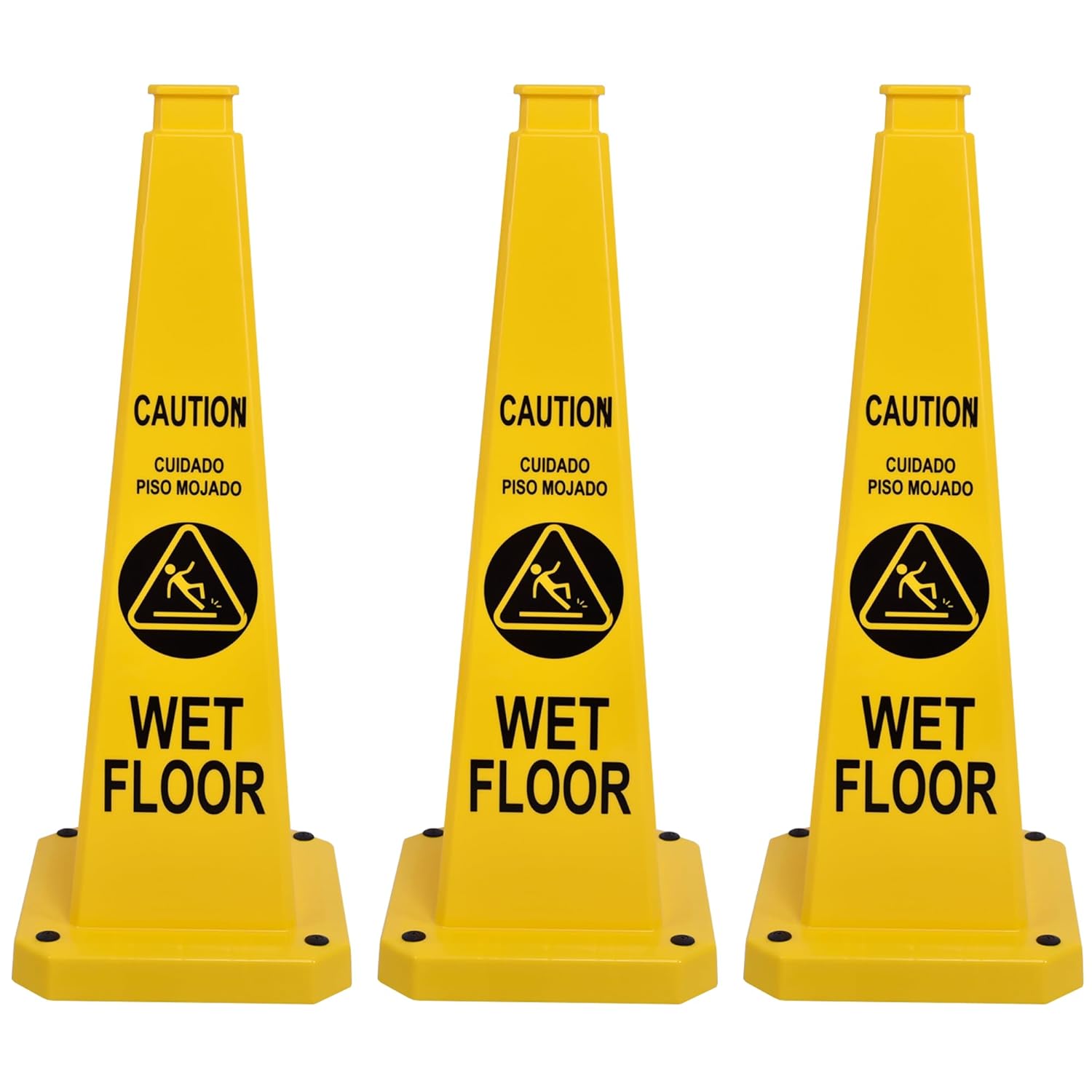 OrangeStar 3-Pack 28" Wet Floor Caution Cones, Yellow 4-Sided Bilingual Warning Message Safety Traffic Cones with Heavy Rubber Base for Indoor/Outdoor Use