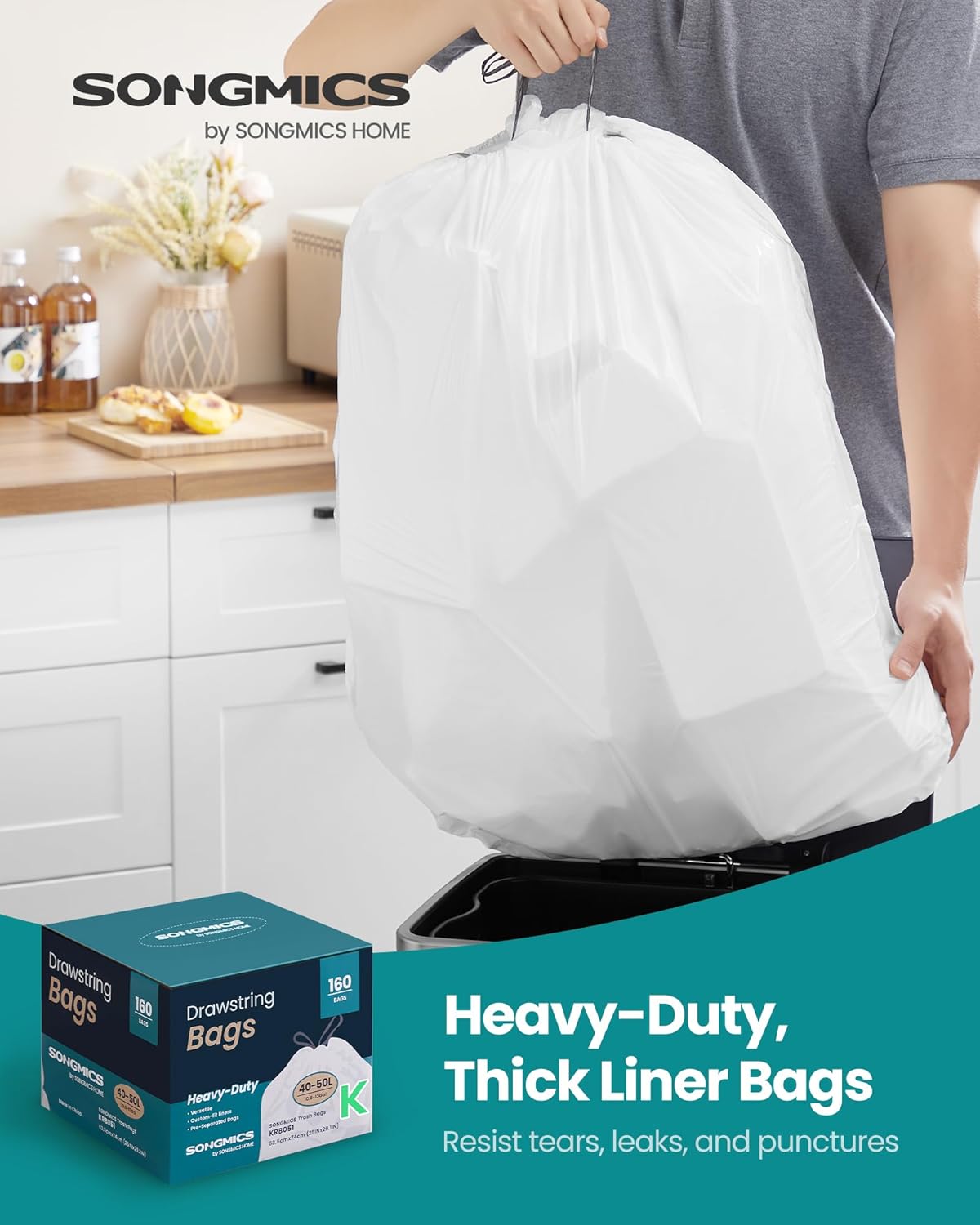 SONGMICS Trash Bags for 13-Gallon (50 L) Trash Cans, Drawstring Kitchen Garbage Bags, Pre-Separated, Quick-Dispense Box, Liner Code K, 4 Rolls, 160 Count, White UKRB051A04