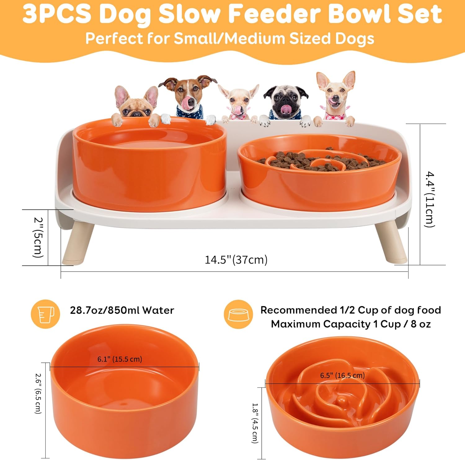 Elevated Slow Feeder Dog Bowls - Ceramic Food and Water Bowl Set with Stand - Raised Pet Dishes for Small and Medium Sized Dogs