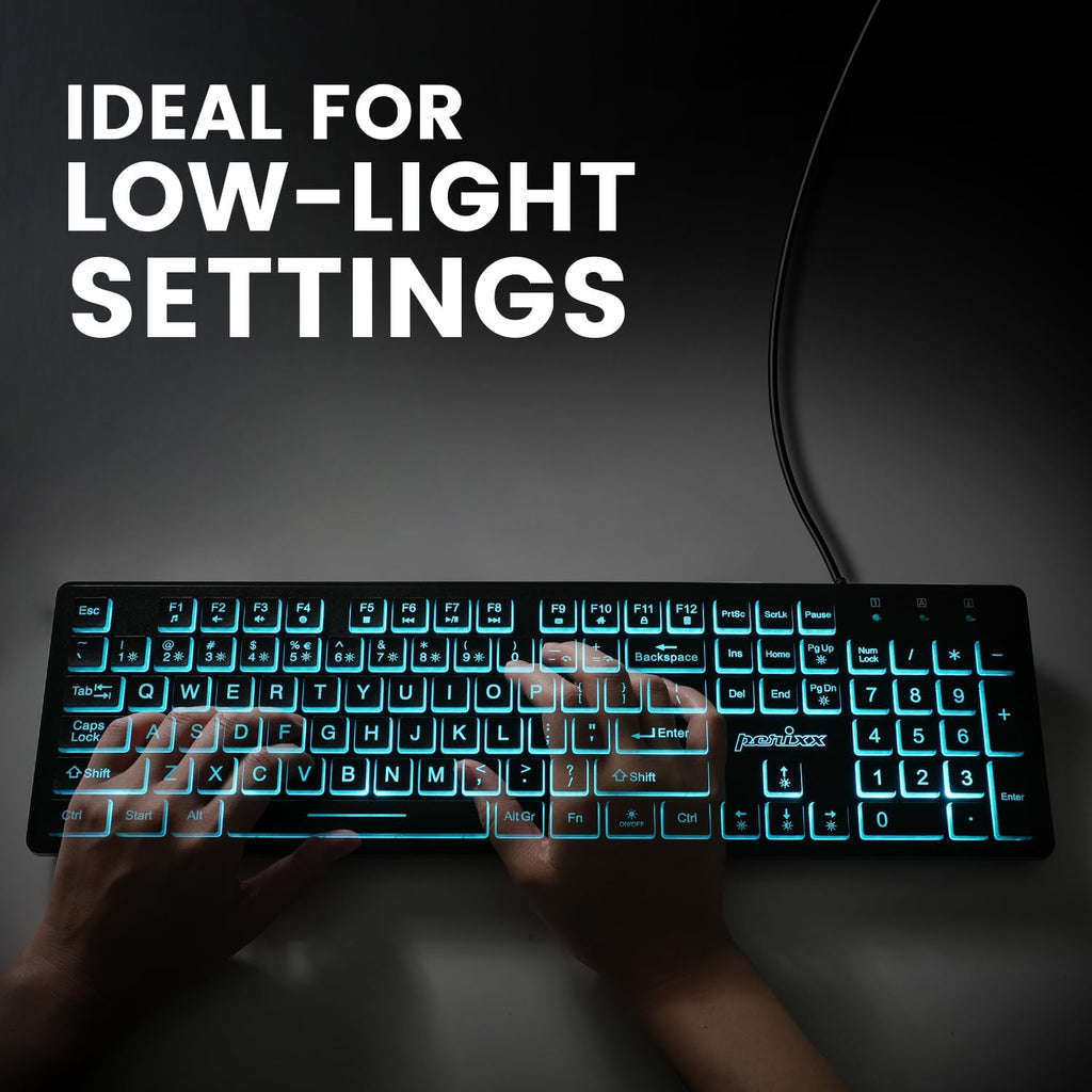 Perixx PERIBOARD-317RGB Wired Backlit USB Keyboard - Big Print Letter with RGB Illuminated LED - US English Layout