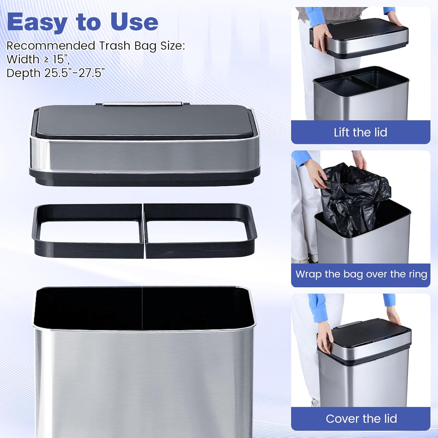 Goplus 16 Gal Automatic Trash Can, Stainless Steel Motion Sensor Trash Can with 2 Compartments, Quick Response & Soft Close Lid, Touchless Compact Garbage Bin for Kitchen, Bedroom, Bathroom and Office