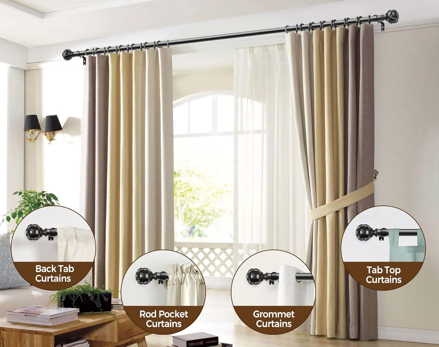 KAMANINA 1 Inch Curtain Rod Telescoping Single Drapery Rod 36 to 72 Inches (3-6 Feet), Black Curtain Rods for Windows 24 to 68 Inches, Netted Texture Finials
