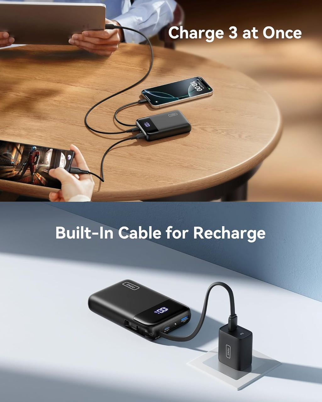 INIU Portable Charger, Small 20000mAh Power Bank with Build in USB-C Cable, 45W Fast Charging Mini Battery Pack, Flight Travel Essentials Phone Charger for College Student Traveler Boys Girls, White