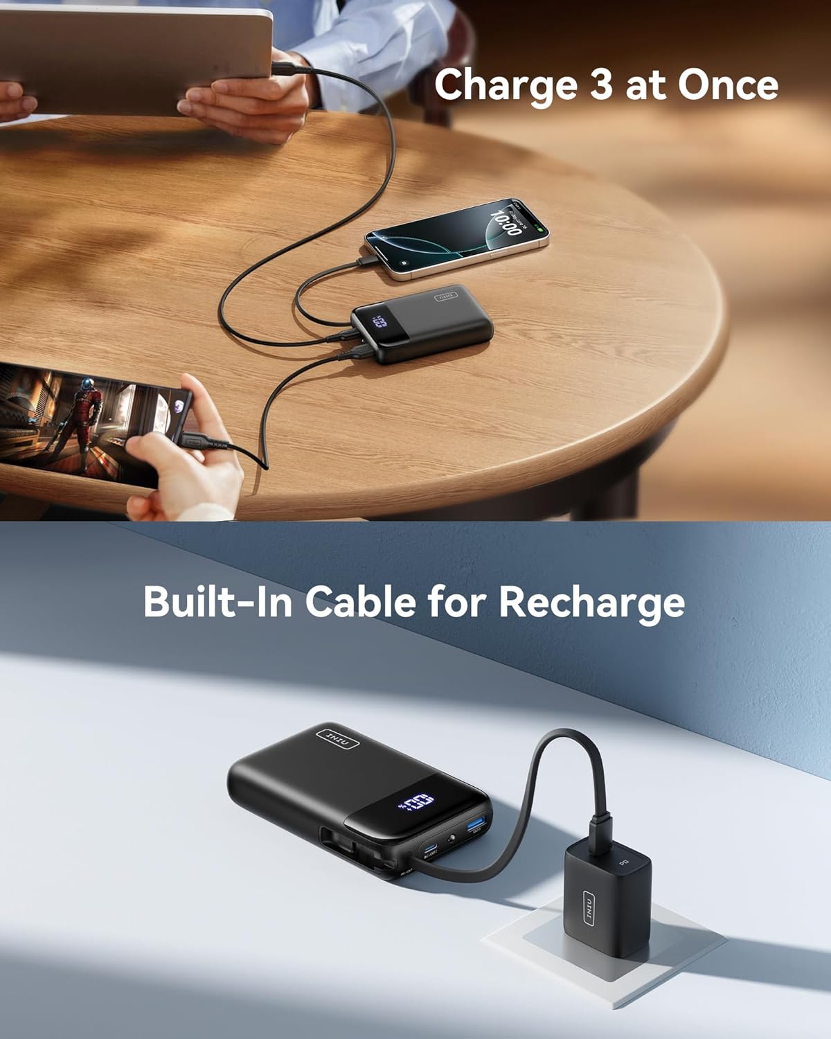 INIU Portable Charger, Small 20000mAh Power Bank with Build in USB-C Cable, 45W Fast Charging Mini Battery Pack, Flight Travel Essentials Phone Charger for College Student Traveler Boys Girls, White