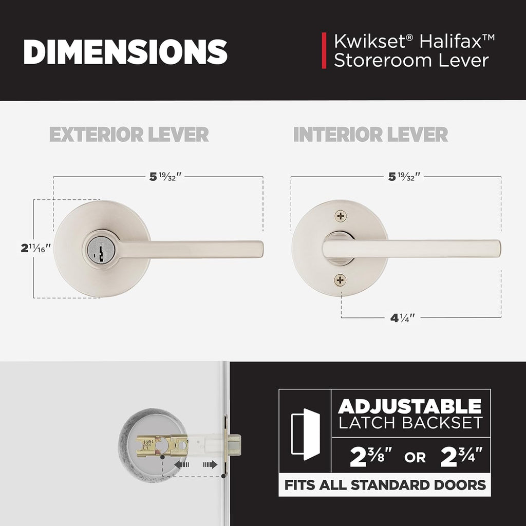Kwikset Halifax Keyed Storeroom Entry Door Handle with Lock and Key, Secure Keyed Reversible Lever Exterior, Front Entrance and Bedrooms, Satin Nickel, Pick Resistant SMT Rekey Security and Microban