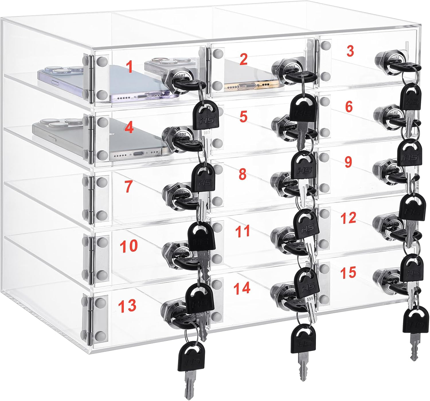 Layhit 15 Slots Cell Phone Locker Box for Classroom Clear Acrylic Cell Phone Storage Cabinet Bin with Door Locks for Classroom School Students Office Factory Employees
