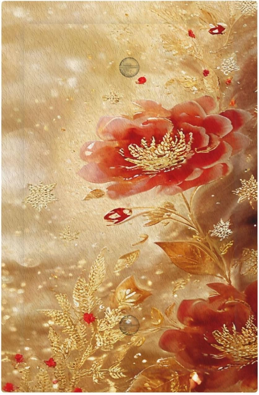 Decorative Light Switch Cover Plate Golden Leaf Red Peony Flowers Floral 1 Gang No Device Single Blank Outlet Covers Wall Plate Cover Switchplate Electrical Faceplate