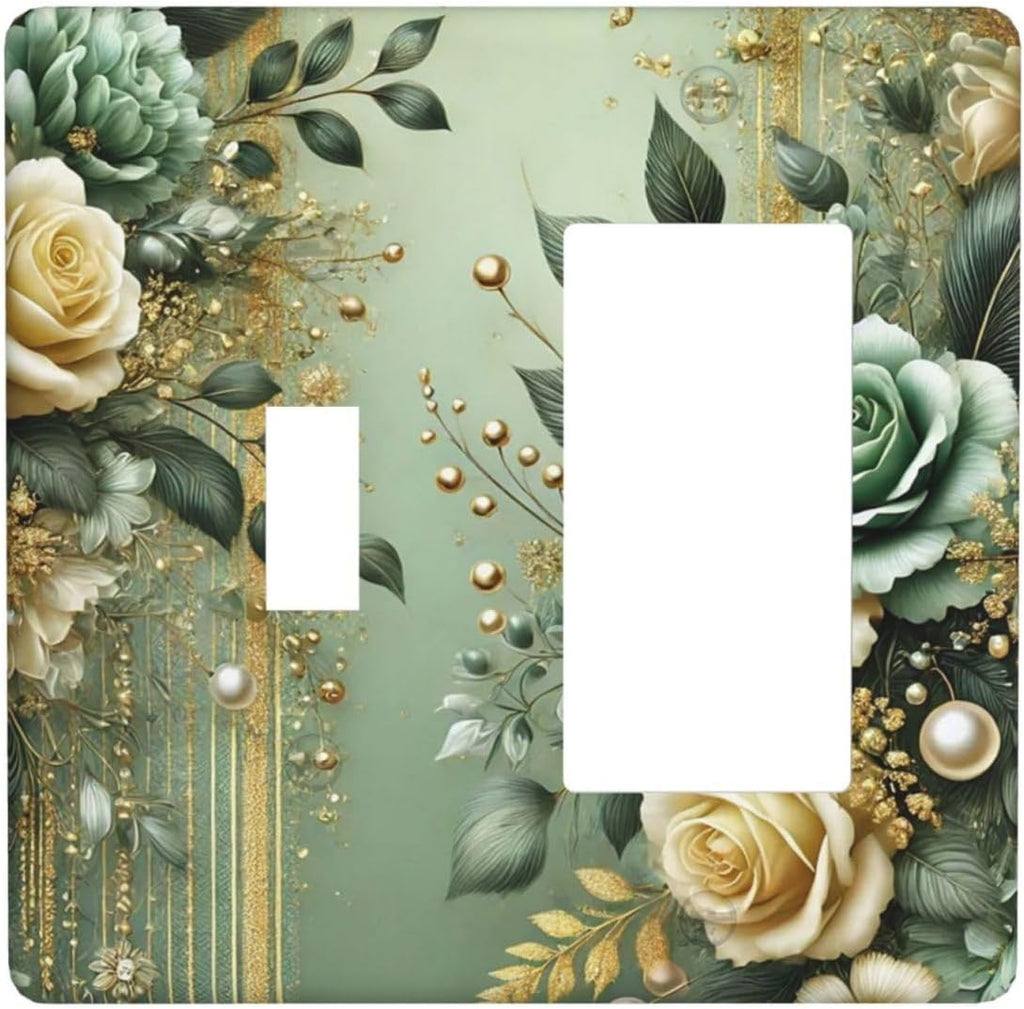 Decorative Outlet Covers Rustic Green Floral Leaves Teal Flowers Gold Stripe 2 Gang 1 Gang Wall Plate Cover Single Toggle Rocker Combo Light Switch Cover Plate Face Plate