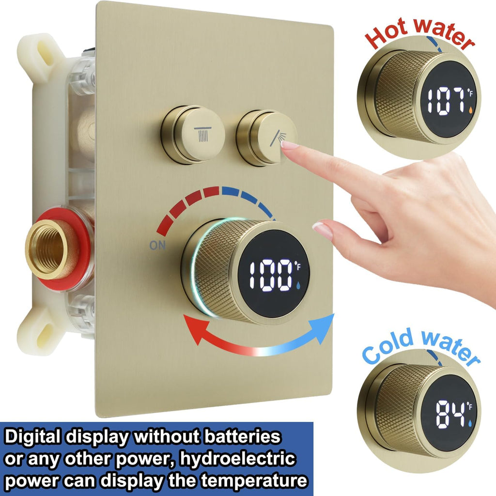 Digital Display Shower Valve Shower Valve 2 Way Shower Diverter Valve Shower Mixing Valve Can Use All the Time Brushed Gold