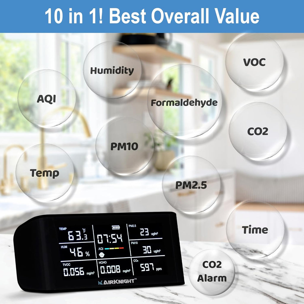 AirKnight Premium Indoor Air Quality Monitor Indoor & Air Quality Sensor. VOC detector, CO2 Monitor, Formaldehyde Detector HCHO, AQI, PM2.5, PM10 Temperature Humidity Air Monitor AQI CO2 Meter Gas Off