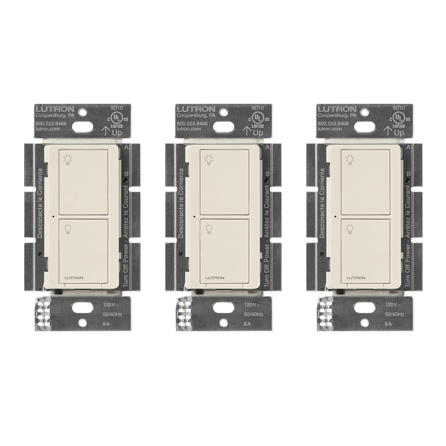 Lutron Caseta Original Smart Light Switch (Lutron Smart Hub Required), for Home, LED Lights, and Fans, 6 Amp, Single-Pole/3-Way, Neutral Required, PD-6ANS-LA, Almond, 3 Pack