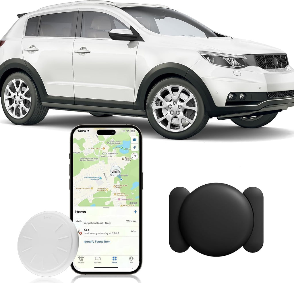 GPS Tracker for Vehicles,Mini Hidden Car Tracker with Magnetic Case,No Monthly Fee Real Time GPS Car Tracker Works with Apple Find My(iOS Only) (1PCS White Tracker, Black Magnetic Case)