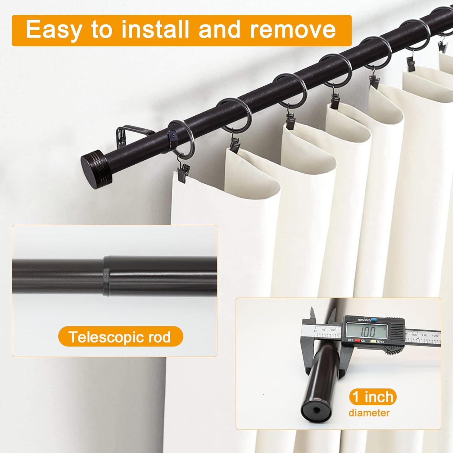 Adjustable Curtain Rods-18 to 88 Inches,1 Inch Modern Metal Drapery Rods, Adjustable Heavy Duty Curtain Pole with Simple End Caps