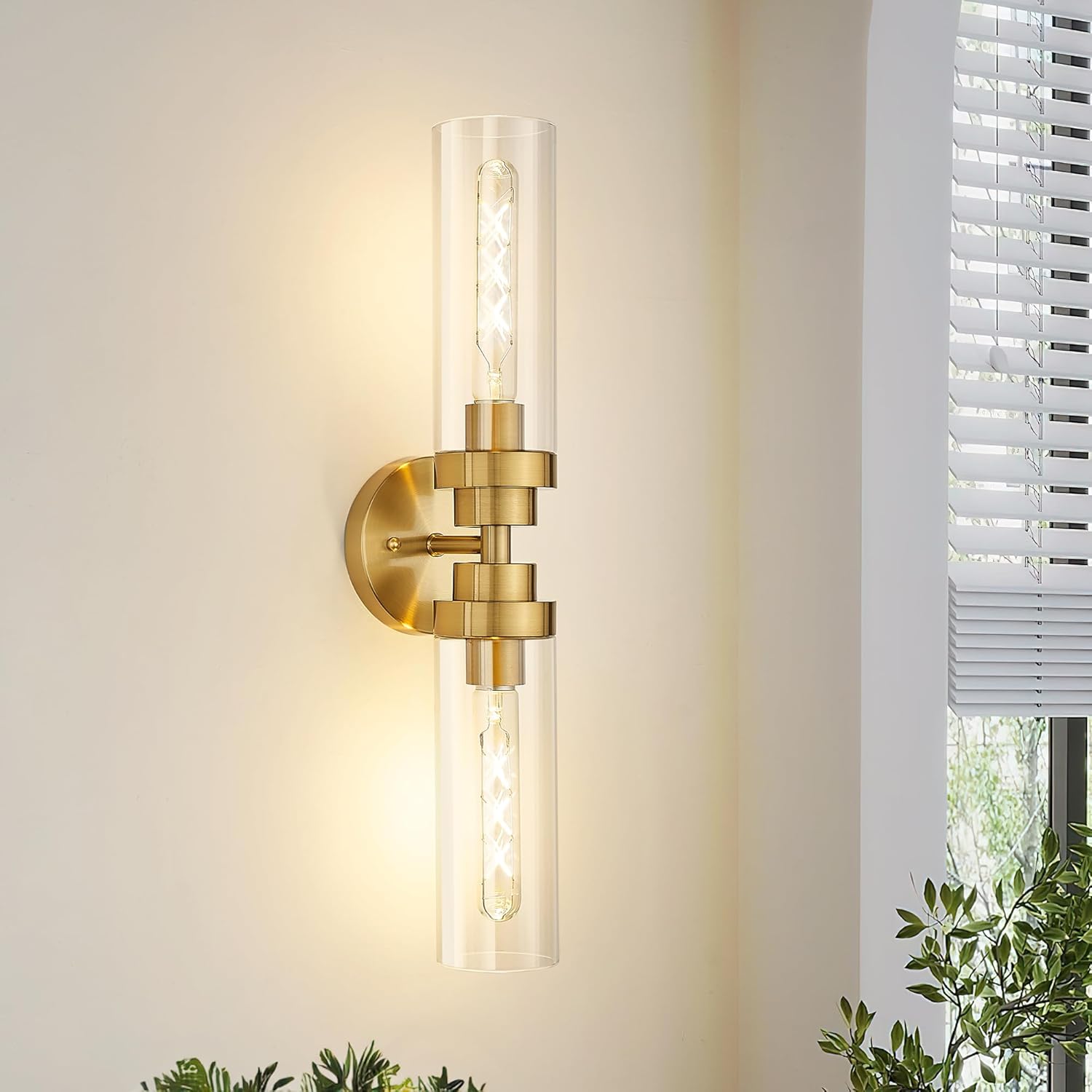 Emak 2-Light Bathroom Vanity Light Fixtures, Modern 22 Inch Brushed Gold Vanity Lights with Clear Glass Shade, Cylinder Wall Sconces for Bathroom, Bedroom, Hallway, VL085-BGD-2