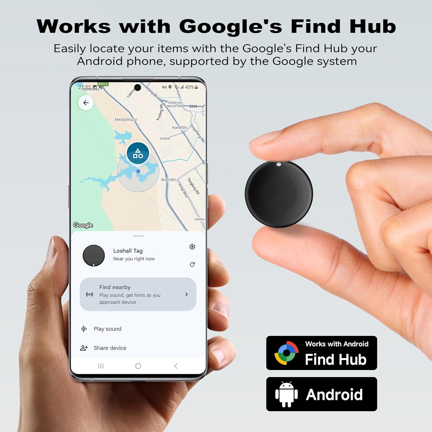 Smart Air Tag Tracker for Android, Google Android Tag Tracker Work with Google Find My Device (Find Hub), Key Finder/Luggage Tracker/Item Locator, 1 Pack Black