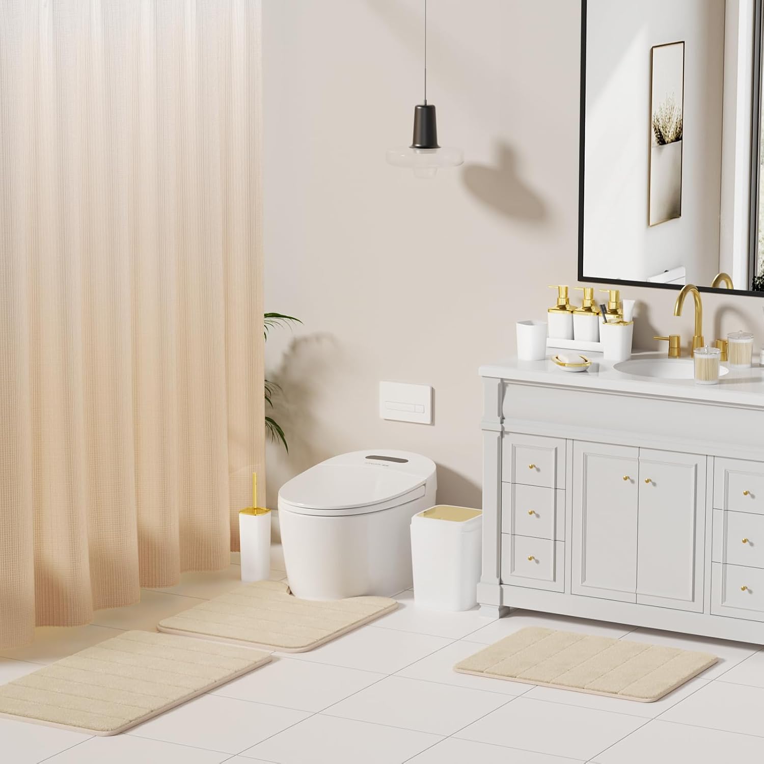 Bathroom Sets with Shower Curtain and Rugs, 27PC Bathroom Accessory Set, White Bathroom Set, White Bathroom Accessories Set with Trash Can, Toilet Brush and Soap Dispensers