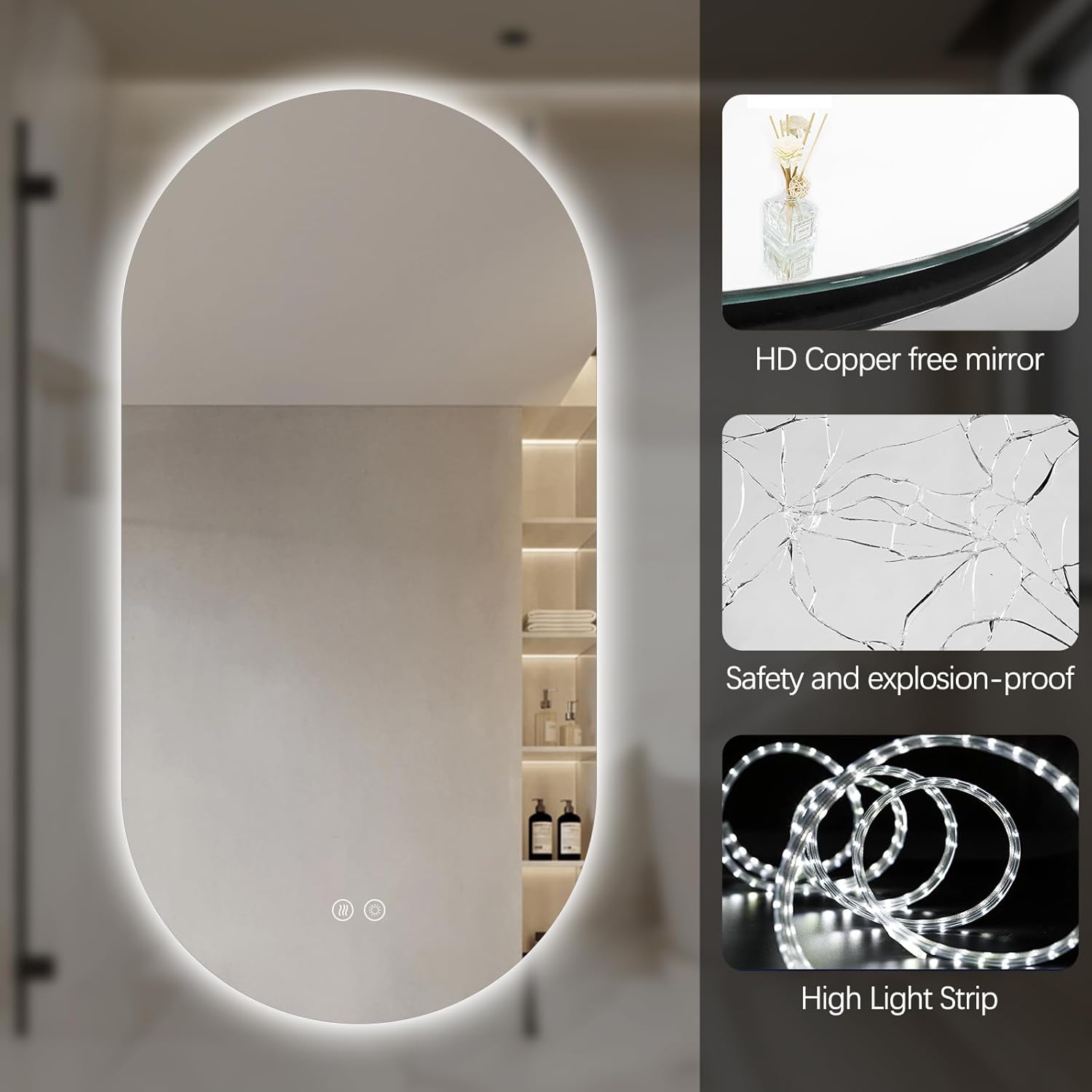 55"x28" Oval Led Bathroom Mirror with Lights, Frameless Backlit Vanity Mirror for Wall, Anti Fog Smart Mirror with 3 Colors Stepless Dimmable, Waterproof, Explosion-Proof, Vertical/Horizontal