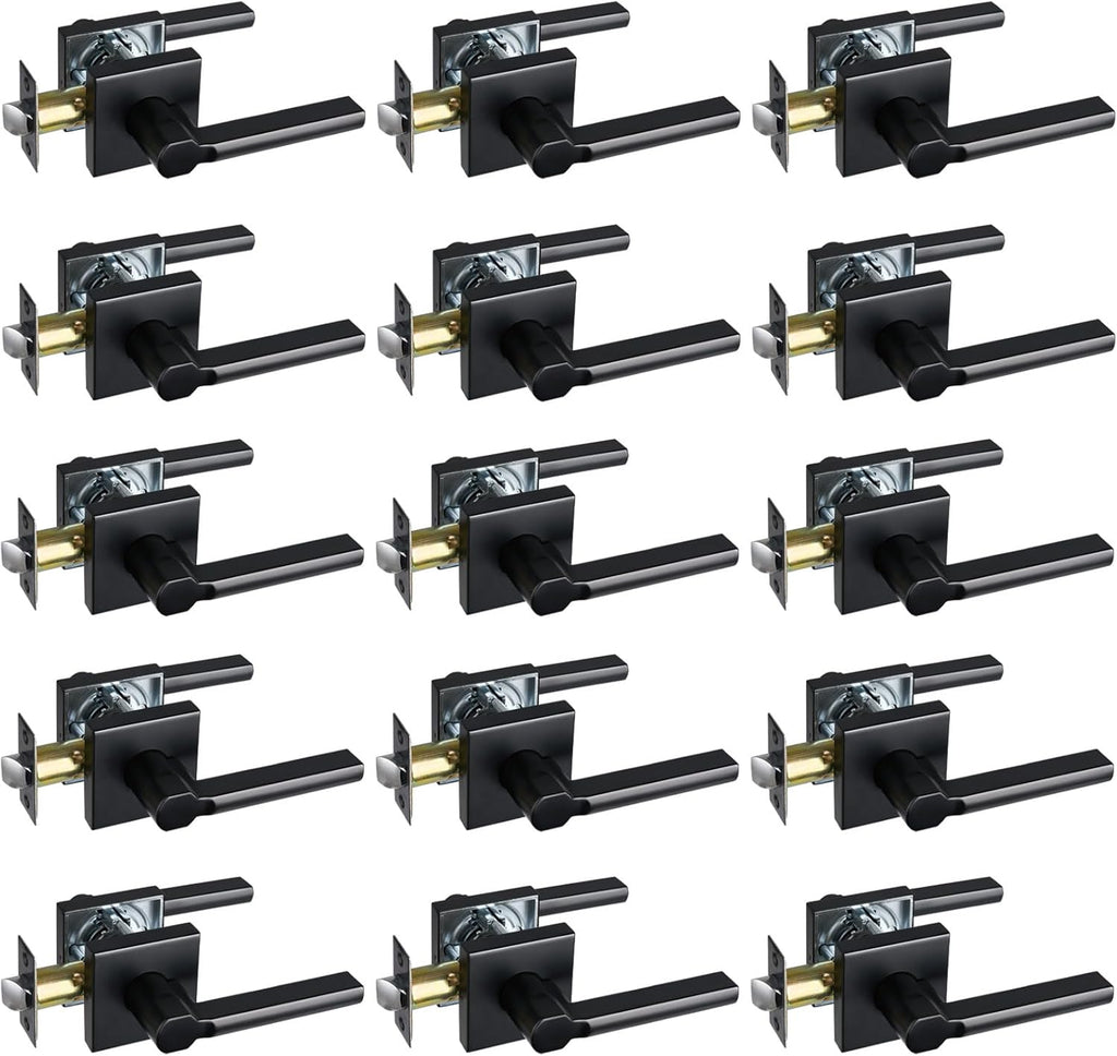 Passage Door Lever (No Lock), Heavy Duty Interior Square Handle for Hallway and Closet, Matte Black, Reversible for Right&Left Handed, 15Packs