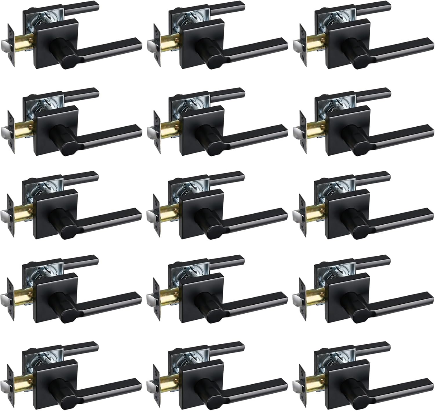Passage Door Lever (No Lock), Heavy Duty Interior Square Handle for Hallway and Closet, Matte Black, Reversible for Right&Left Handed, 15Packs