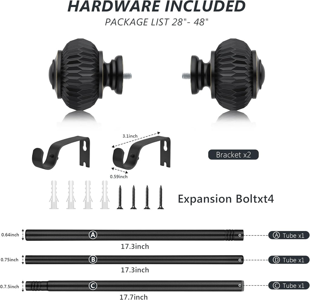 Black Curtain Rods for Windows 28 to 48 Inches 6/8 Inch Adjustable Heavy Duty Curtain Rods with Lantern Ball Finials,Window Treatment Single Curtain Rod Set