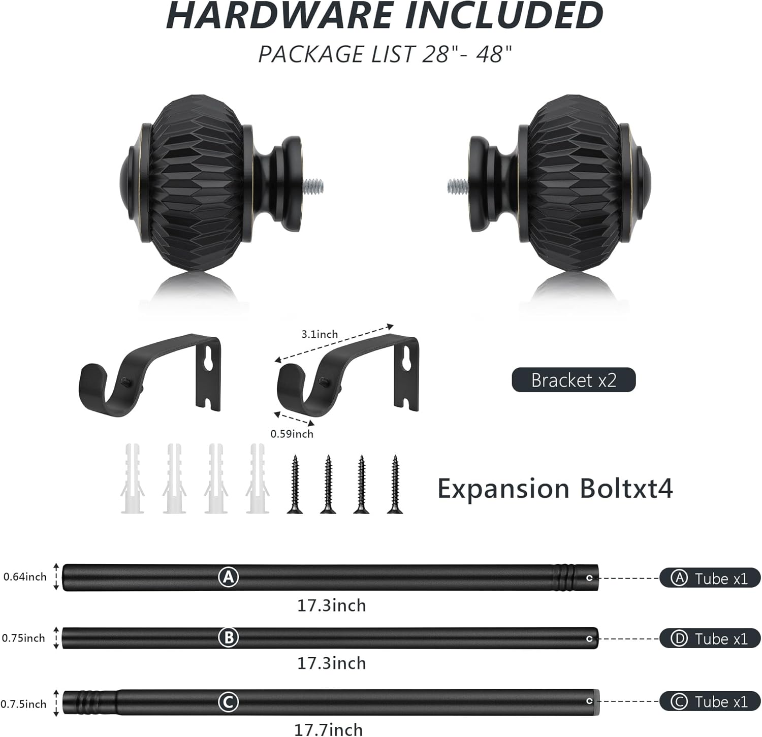 Black Curtain Rods for Windows 28 to 48 Inches 6/8 Inch Adjustable Heavy Duty Curtain Rods with Lantern Ball Finials,Window Treatment Single Curtain Rod Set