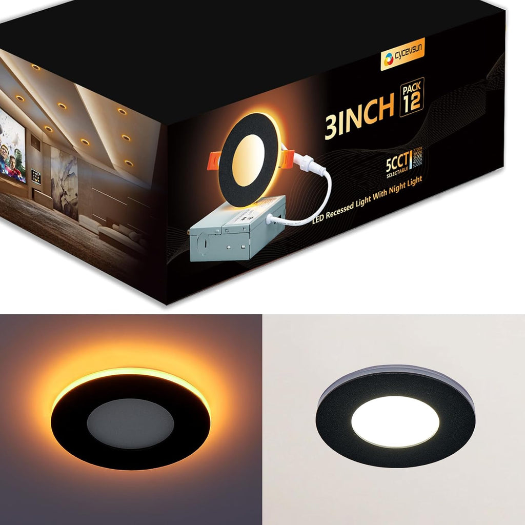CycevSun 3 Inch Black Recessed Lights with Night Light, Dimmable & 5CCT Selectable Canless Downlight Wafer Outdoor Soffit, 6W, ETL, IC Rated, 12 Pack
