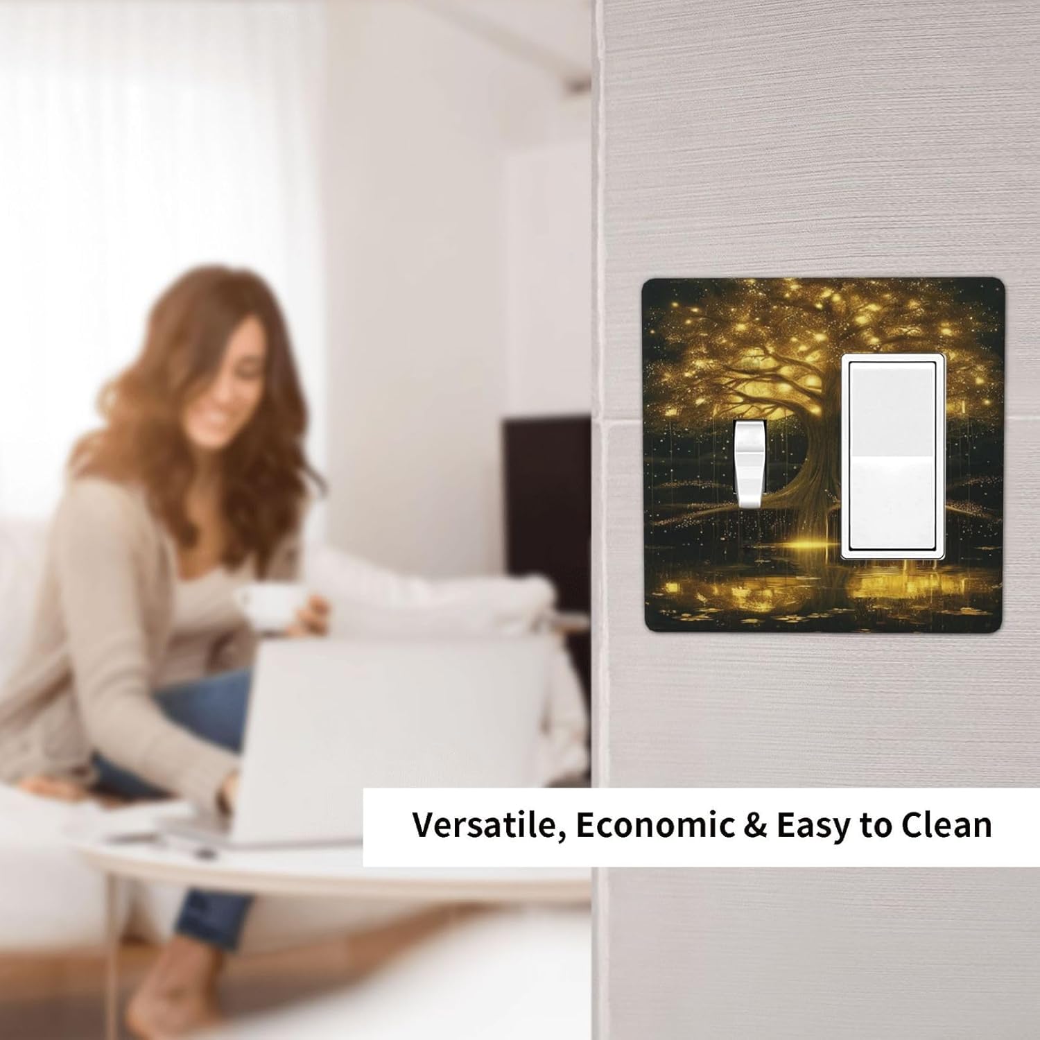Decorative Outlet Covers Golden Shining Fantasy Kabbalah Tree of Life 2 Gang Wall Plate Single Toggle 1 Rocker Light Switch Cover Switch Plate Covers Faceplate for Bedroom Home Decor