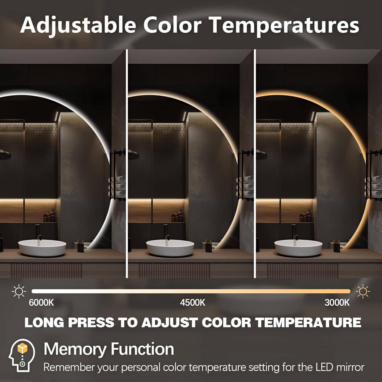 Niccy Half Moon LED Mirror for Bathroom, 48" Semi Backlit Mirror Frameless Makeup Mirror with Light, Anti-Fog, Shatter-Proof, 3 Colors, Smart Vanity Mirror
