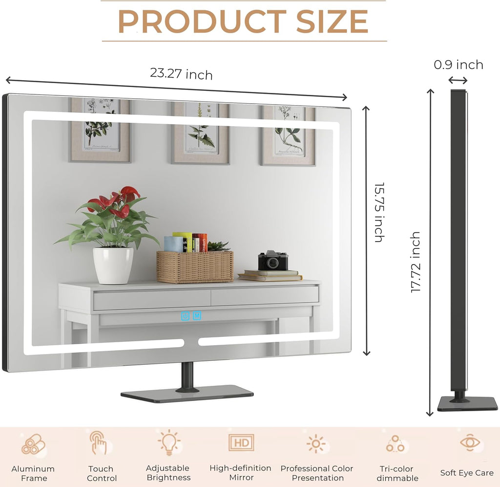 Vanity Mirror with Lights, 23.27 x 17.7 Inch LED Makeup Mirror, Lighted Makeup Mirror with Dimmable 3 Modes, Smart Touch Control, Aluminum Frame and Tempered Glass Base, Dark Gray
