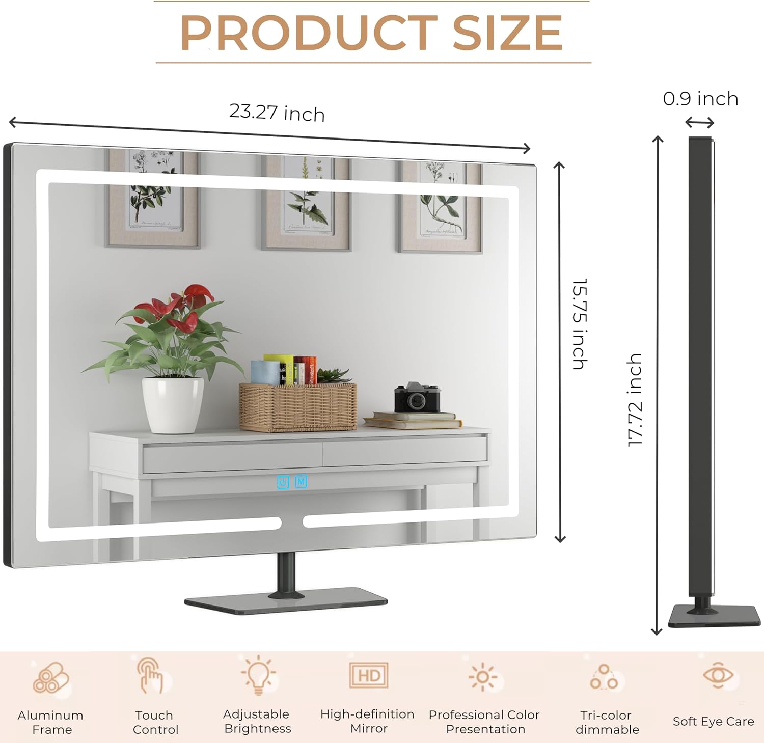 Vanity Mirror with Lights, 23.27 x 17.7 Inch LED Makeup Mirror, Lighted Makeup Mirror with Dimmable 3 Modes, Smart Touch Control, Aluminum Frame and Tempered Glass Base, Dark Gray