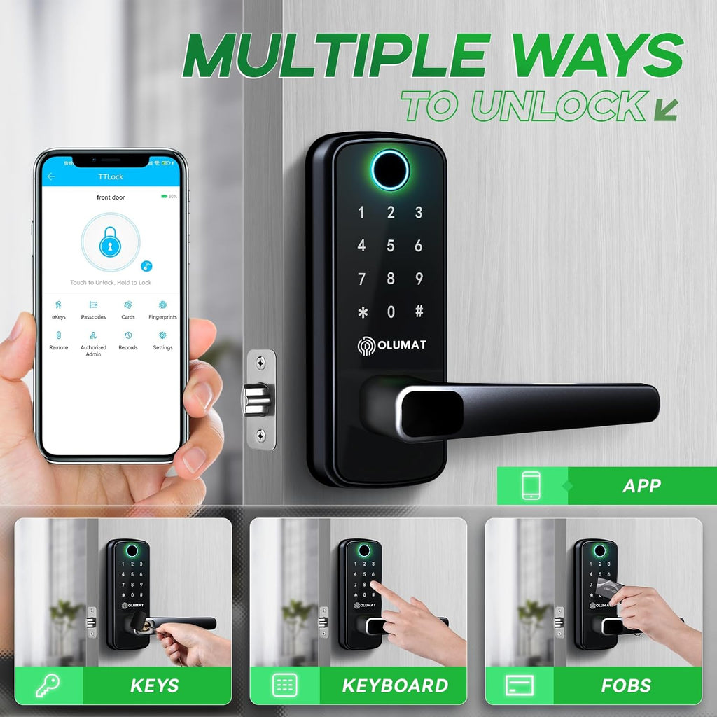 Smart Door Lock with Handle: Olumat Keyless Entry Door Lock with WiFi Gateway-Fingerprint Lock with Door Sensor -Smart Locks for Front Door with Keypad