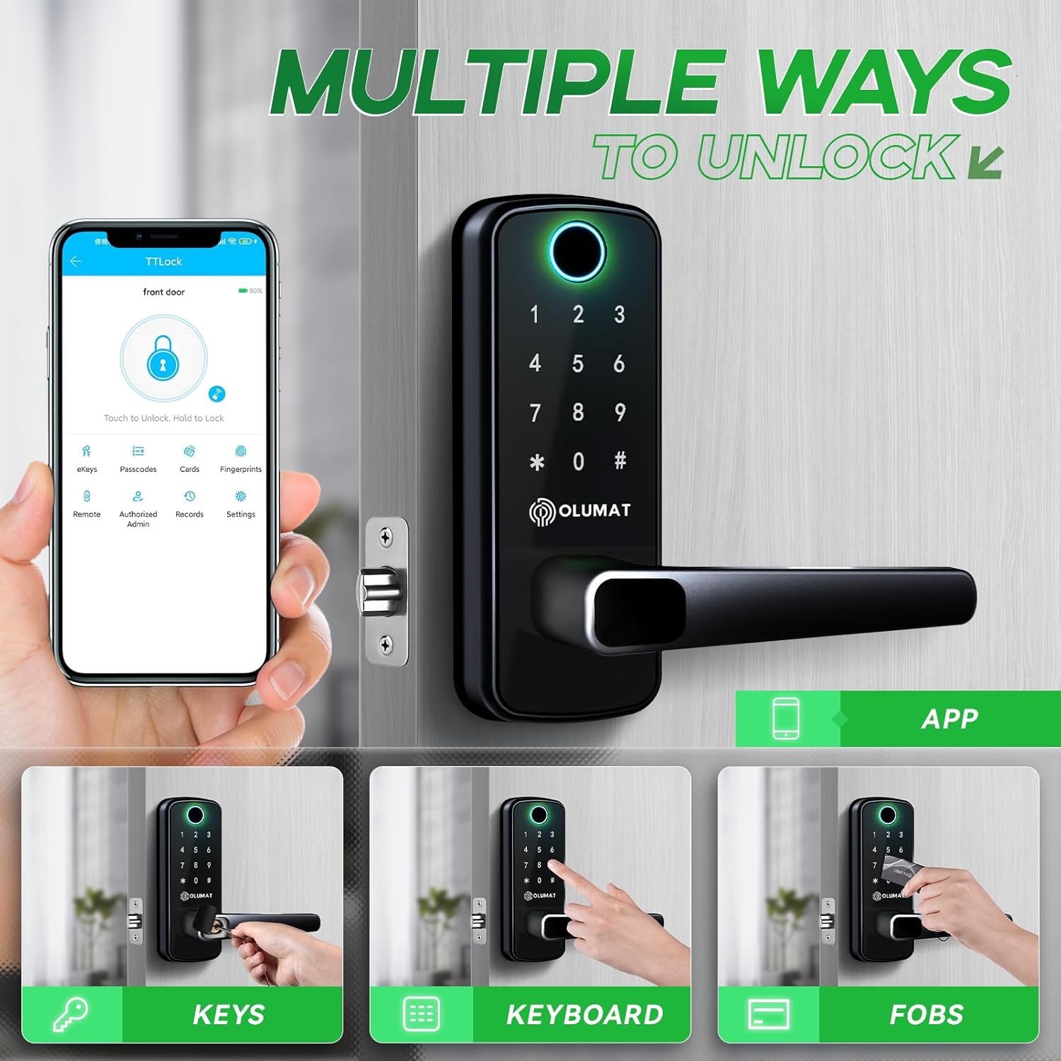 Smart Door Lock with Handle: Olumat Keyless Entry Door Lock with WiFi Gateway-Fingerprint Lock with Door Sensor -Smart Locks for Front Door with Keypad