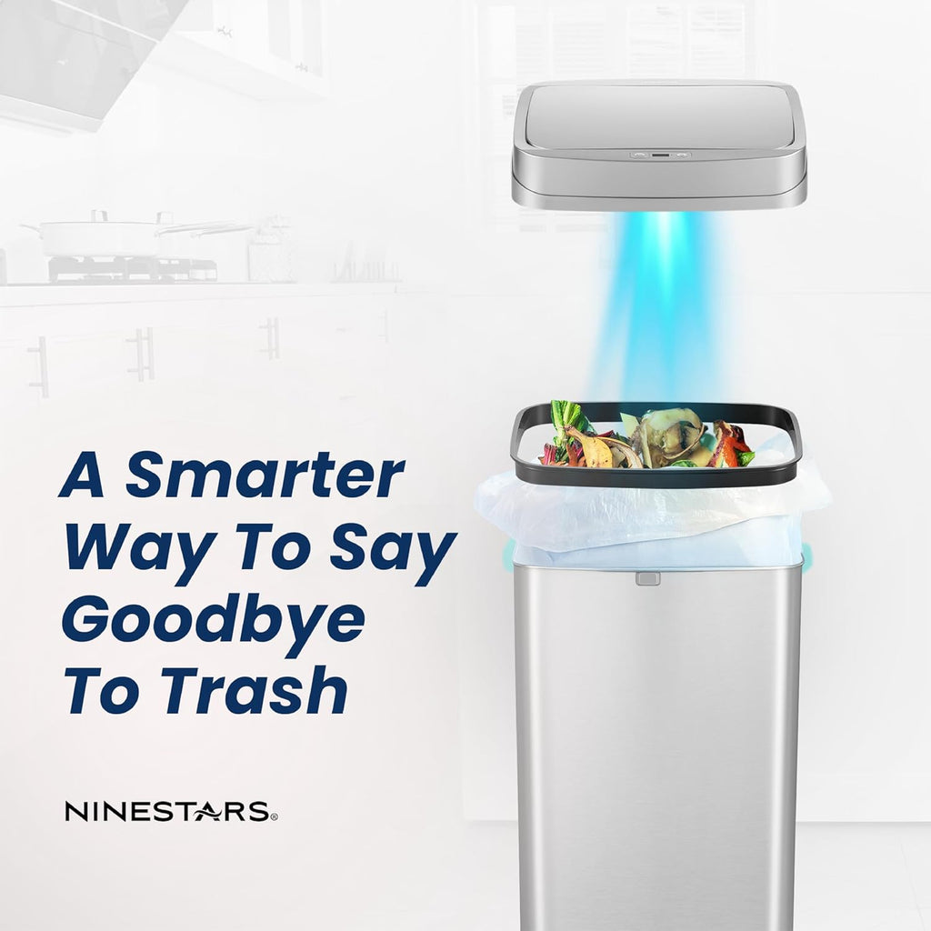 Ninestars 13 Gallon Odor Neutralizing Smart Trash Can, UV + Ozone Dual Purification, Odor Control Motion Sensor Garbage Bin, Universal Power Adapter, ONT-50-81SL Stainless Steel, Silver, Nova Series