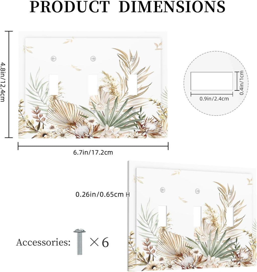 Decorative Switch Plates Boho Leaves Watercolor Tan Leaf Floral Plant 3 Gang Wall Plate Faceplate Triple Toggle Light Switch Cover Electrical Wall Panels for Bedroom Home Decor