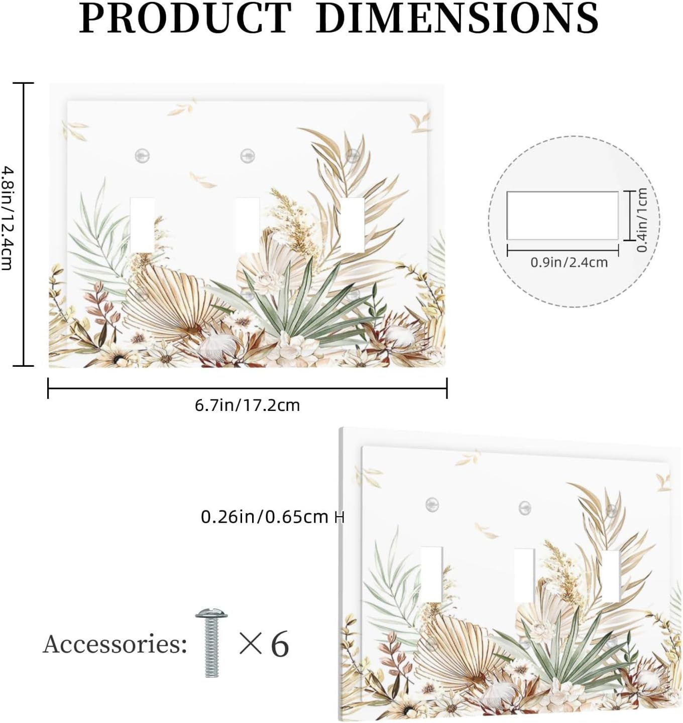 Decorative Switch Plates Boho Leaves Watercolor Tan Leaf Floral Plant 3 Gang Wall Plate Faceplate Triple Toggle Light Switch Cover Electrical Wall Panels for Bedroom Home Decor